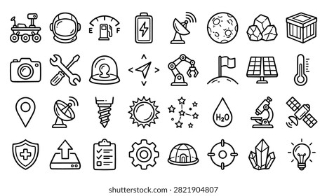 A collection of hand-drawn icons representing space exploration, science, and technology.