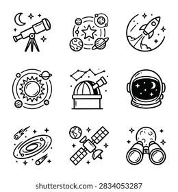A collection of hand-drawn icons representing space exploration and astronomy concepts.