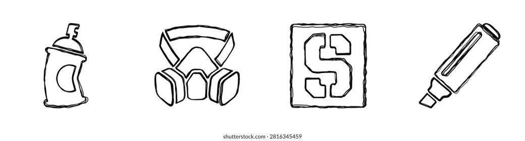 A collection of hand-drawn icons representing tools for urban art and street culture, featuring a spray paint can, respirator mask, letter stencil, and marker pen