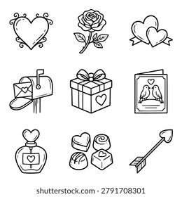 A collection of hand-drawn icons representing Valentine's Day symbols like hearts, roses, gifts, and love letters.