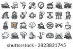 A collection of hand-drawn icons representing various elements of steam trains and railways including engines, tracks, and equipment.