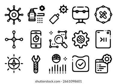 Eine Sammlung handgezeichneter Icons, die verschiedene Technologie- und Geschäftskonzepte darstellen, perfekt für digitale Präsentationen und Branding.