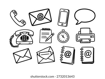 A collection of hand-drawn icons representing various communication methods and office tools, including phones, envelopes, a smartphone, a printer, and a notepad.