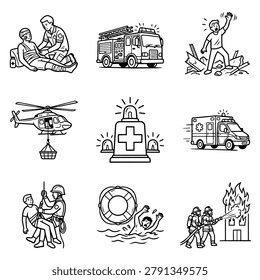 A collection of hand-drawn icons representing various emergency services and rescue operations