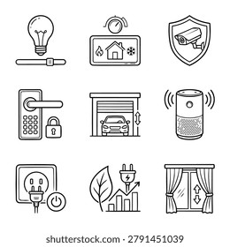 A collection of hand-drawn icons representing various smart home technologies and automation features.