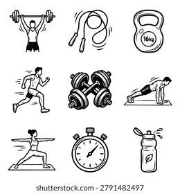Collection of hand-drawn icons representing various fitness activities and equipment for a healthy lifestyle.