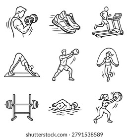 Collection of hand-drawn icons representing various fitness and sports activities.