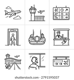 A collection of hand-drawn icons representing various airport services and travel elements including airplanes security checkpoints and flight information boards
