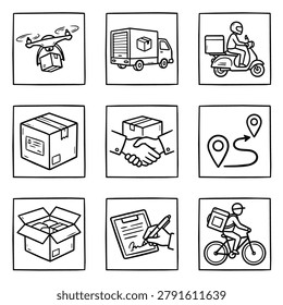 A collection of hand-drawn icons representing various delivery services including drone, truck, scooter, bicycle, package, handshake, and map.
