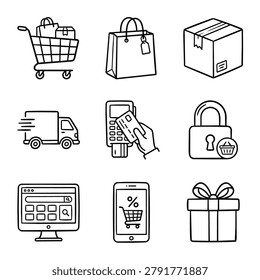 A collection of hand-drawn icons representing various aspects of online shopping and e-commerce transactions.