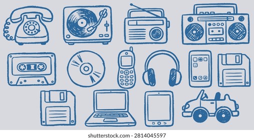 A collection of hand-drawn icons representing various forms of technology and media, from vintage to modern devices.