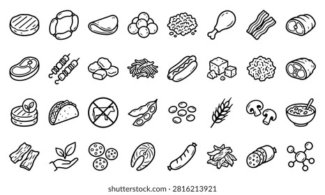 A collection of hand-drawn icons representing various food items, including meats, vegetables, grains, and processed foods. The icons are presented in a grid format on a white background.