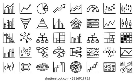 A collection of hand-drawn icons representing various types of charts, graphs, and data visualization tools. Includes bar charts, line graphs, pie charts, flowcharts, and more.