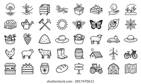 A collection of hand-drawn icons representing various aspects of farming and agriculture, including plants, animals, tools, and buildings.
