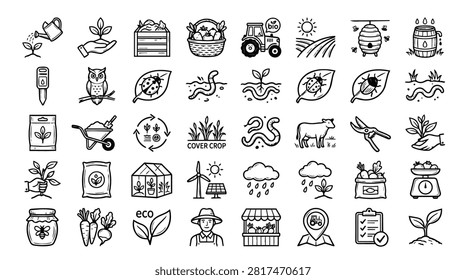 A collection of hand-drawn icons representing various aspects of farming and agriculture, including plants, tools, animals, and weather.