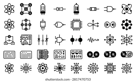 A collection of hand-drawn icons representing various electronic components and scientific concepts. Includes atoms, circuits, vacuum tubes, resistors, transistors, microchips, oscilloscopes, and audio tapes.