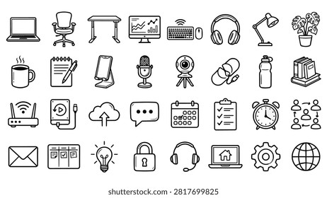 A collection of hand-drawn icons representing various office and technology items, including a laptop, desk, chair, computer, headphones, and plant.