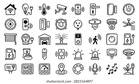 A collection of hand-drawn icons representing various smart home technologies and devices for modern living.