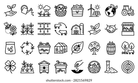 A collection of hand-drawn icons representing various aspects of agriculture and farming, including plants, animals, and equipment.