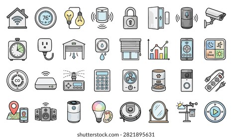 A collection of hand-drawn icons representing various smart home technologies and devices for modern living.