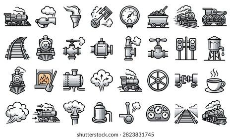 A collection of hand-drawn icons representing various elements of steam trains and railways including engines, tracks, and equipment.