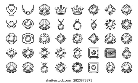 A collection of hand-drawn icons representing various jewelry pieces, gemstones, and precious items like crowns and safes.