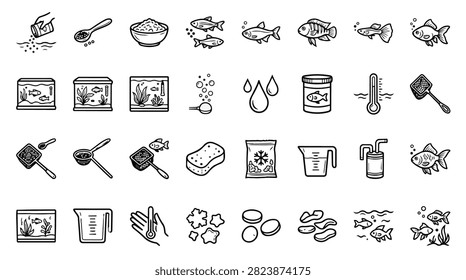 A collection of hand-drawn icons representing various aspects of aquarium care and fishkeeping.