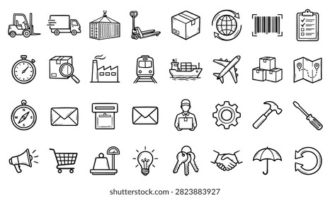 A collection of hand-drawn icons representing various aspects of logistics and shipping, including vehicles, packages, and tools.