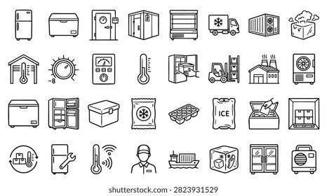A collection of hand-drawn icons representing various refrigeration and cooling equipment, including refrigerators, freezers, and temperature control devices.