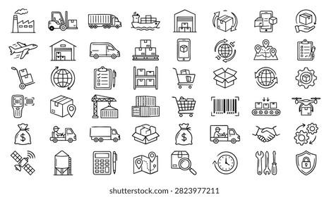 A collection of hand-drawn icons representing various aspects of logistics, shipping, and delivery services.