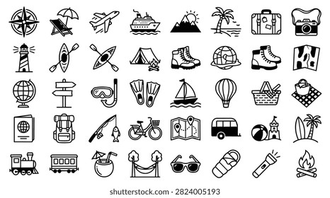 A collection of hand-drawn icons representing various travel and leisure activities and objects.