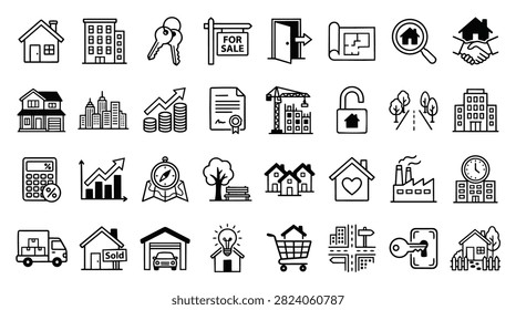 A collection of hand-drawn icons representing various aspects of the real estate industry including houses, buildings, keys, and charts.