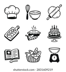 A collection of hand-drawn icons representing various baking and cooking elements and tools.
