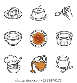 A collection of hand-drawn icons representing various desserts and sweet food items, including cakes, puddings, and sauces.