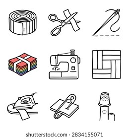 A collection of hand-drawn icons representing various sewing and crafting tools and supplies for creative projects.