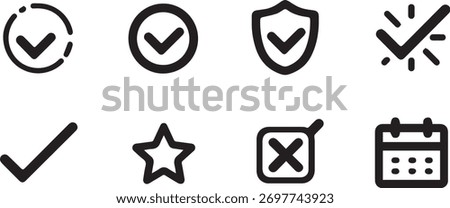 A collection of hand-drawn icons representing various symbols like checkmarks, a star, a shield, and a calendar, all in a simple black and white style.