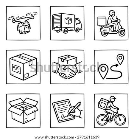 A collection of hand-drawn icons representing various delivery services including drone, truck, scooter, bicycle, package, handshake, and map.