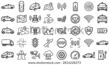 A collection of hand-drawn icons representing various aspects of autonomous driving and smart transportation technology, including cars, maps, sensors, and connectivity.