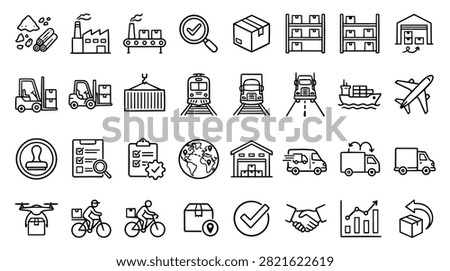 A collection of hand-drawn icons representing various aspects of logistics and shipping operations.