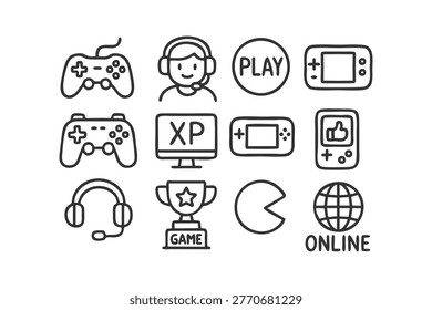 Colección de iconos dibujados a mano que representan juegos, incluyendo controladores, auriculares, trofeos y símbolos de juego en línea. Perfecto para Sitios web de juegos, App o marketing