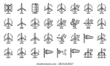 A collection of hand-drawn icons representing wind turbines and wind socks in various styles and orientations