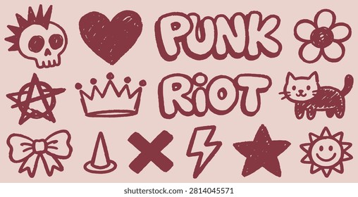 A collection of hand-drawn icons and text in a doodle style, featuring a skull with a mohawk, heart, crown, anarchy symbol, bow, cone, lightning bolt, star, flower, cat, sun, and the words 