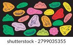A collection of hand-drawn illustrations of birds, nests, feathers, mountains, clouds, and sun on a black background.