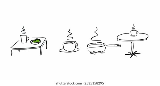 Coleção de ilustrações desenhadas à mão com um tema de café, marca de mídia social, ícones e logotipos.