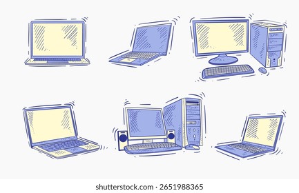Collection of hand-drawn illustrations depicting different types of computer devices, including laptops, desktops, monitors, keyboards, and mice