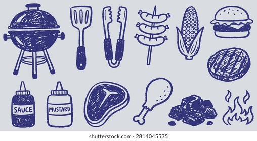 A collection of hand-drawn illustrations depicting items associated with barbecuing, including a grill, utensils, meats, corn, and condiments.