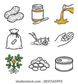 Collection of hand-drawn illustrations depicting peanuts, peanut butter, oil, and farming equipment