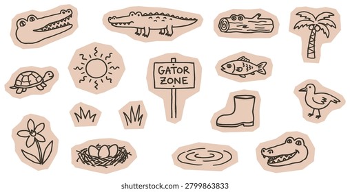A collection of hand-drawn illustrations depicting swamp and wetland elements, including alligators, a turtle, a fish, a bird, a palm tree, a boot, and a nest with eggs.
