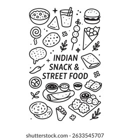 A collection of hand-drawn illustrations depicting various Indian snacks and street food items, including burgers, samosas, and sweets, arranged in a playful layout.