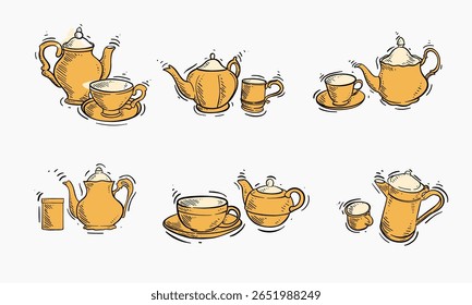 Coleção de ilustrações desenhadas à mão representando vários conjuntos de chá, incluindo chaleiras, xícaras e pires, em um estilo vintage.